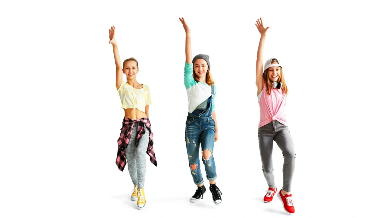 Commercial Dance with children, boys, girls, and teenagers rehearsing on a white cyclorama