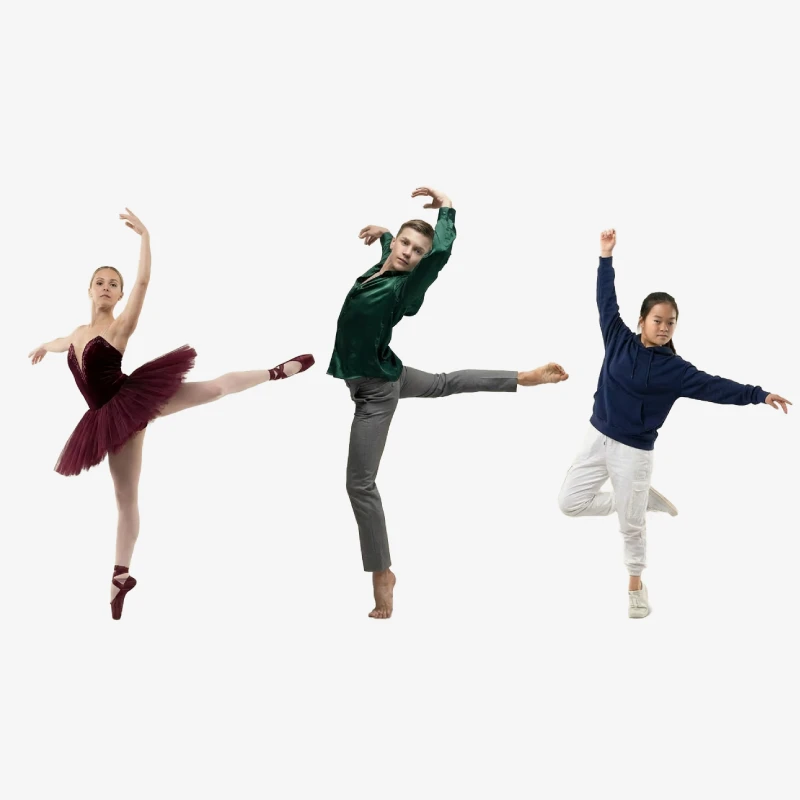Three adult and teenage dancers: ballet, modern dance, and urban dance at the Dance and Ballet School Madrid