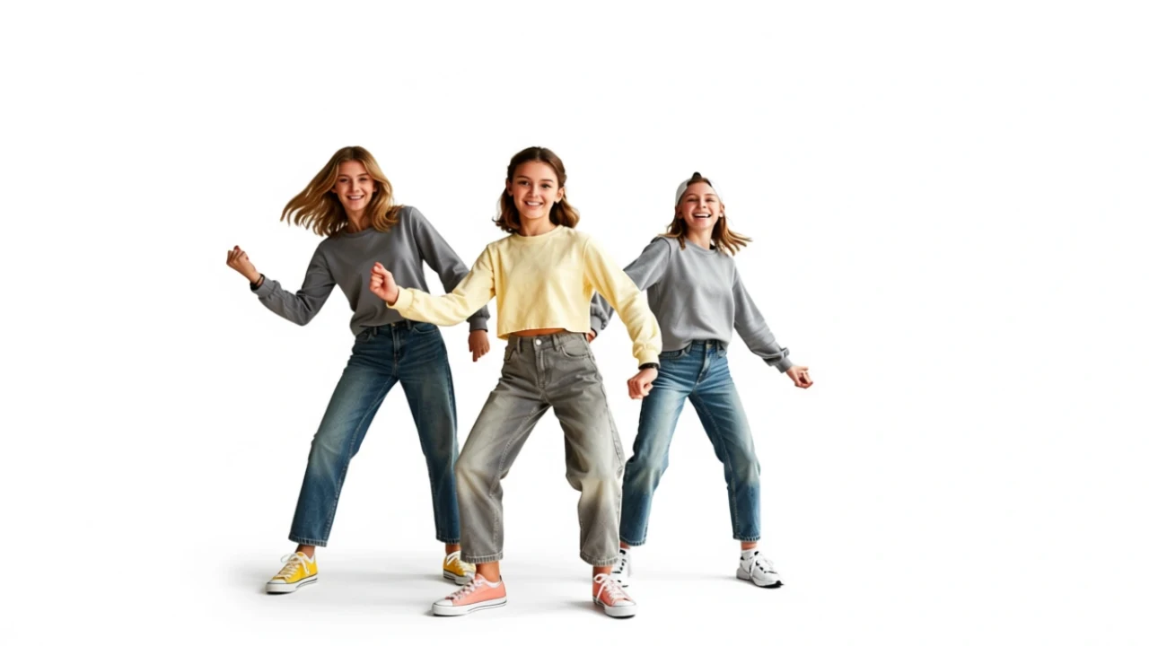Hip Hop with children, boys, girls, and teenagers, three girls posing during class in a photo studio